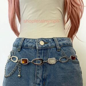 Silver Y2K Amber Stone Oval Whimsygoth Chain Belt, Fits 24-43 Inches, X7GA1494